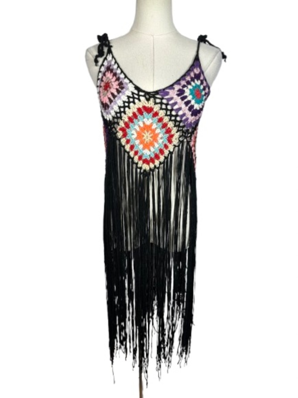 Boho Crochet Fringe Cover Up — Black with Multi-Color Accents